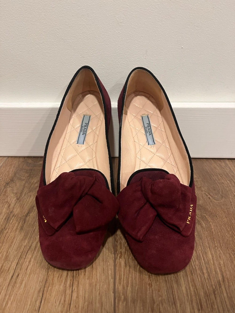 PRADA Red-burgundy-hued Suede Bow Flats/Smoking Slippers - Picture 3 of 15
